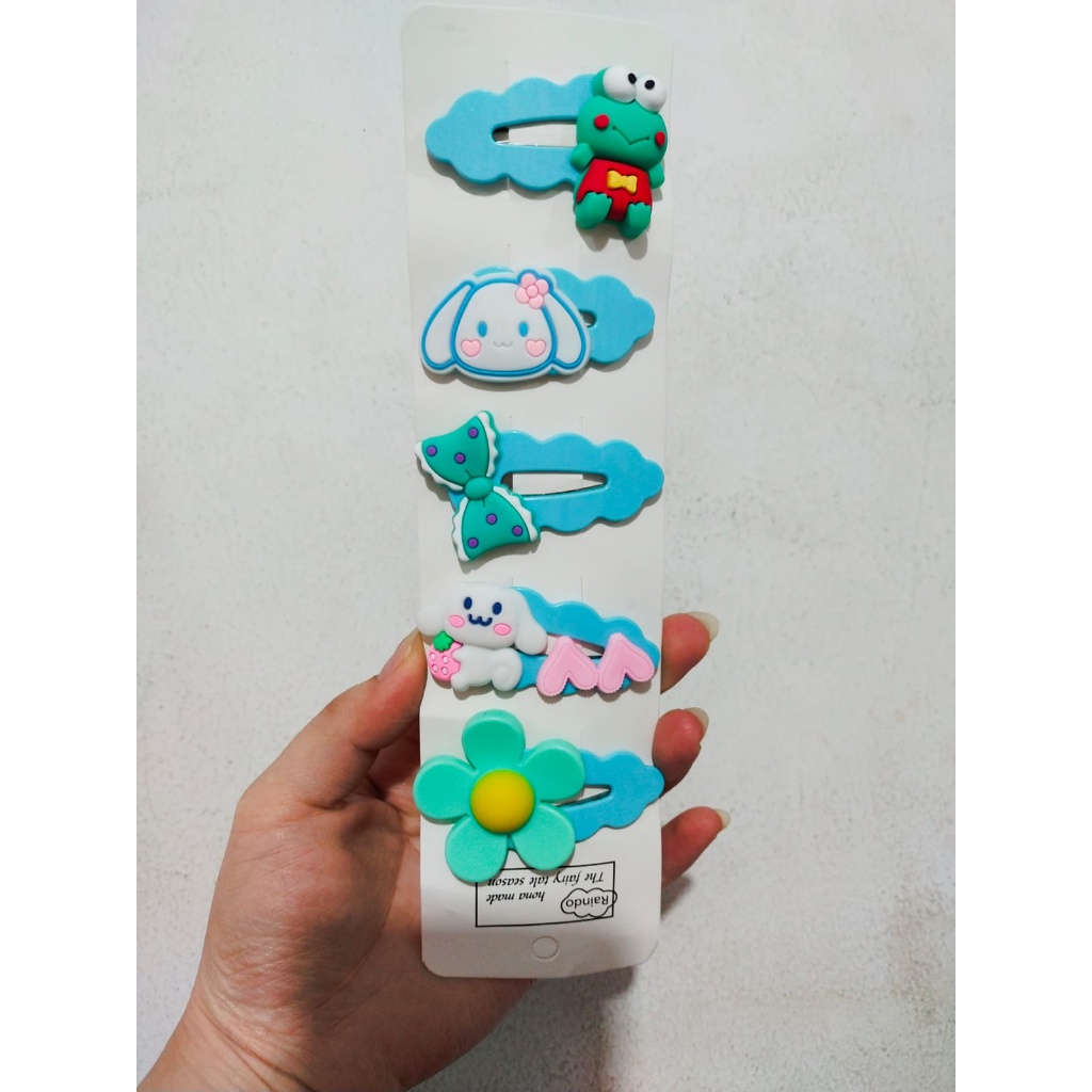 J14 - JEPITAN KLIP BAHAN IMPORT MOTIF BERUANG KELINCI BARBIE JEPITAN RAMBUT KARTUN 5 IN 1 - BDC