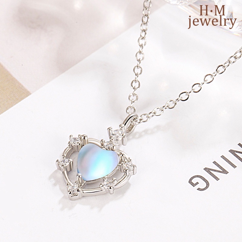 S925 Perak Sederhana Fashion Moonstone Love AAA Zirkon Liontin Kalung