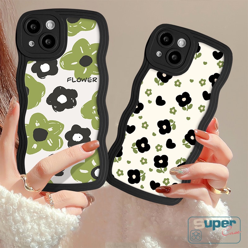 Casing Tepi Bergelombang Bunga Kecil Musim Panas Hitam Hijau Untuk Redmi 12C 9T 10C A1 9 9A 10 10A 9C A1+ Redmi Note8 11 10 9 Pro 10s 11s 9s POCO M3 X3 NFC Pro Mi 11T Pro Retro Bunga Sarung Soft Cover