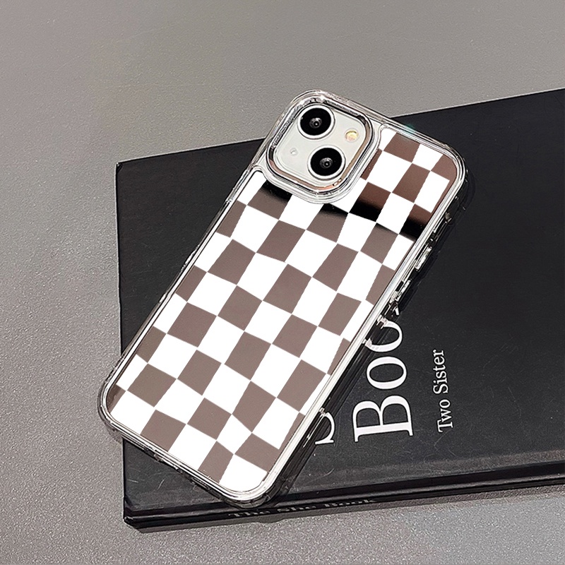 IPHONE Casing Ponsel Cermin Kotak-Kotak Sederhana Kompatibel Untuk Iphone11 12 13 14 12Pro 13Pro 14Pro Pro Max XR X XS Max Electroplating Tombol Perlindungan Mirror Cover