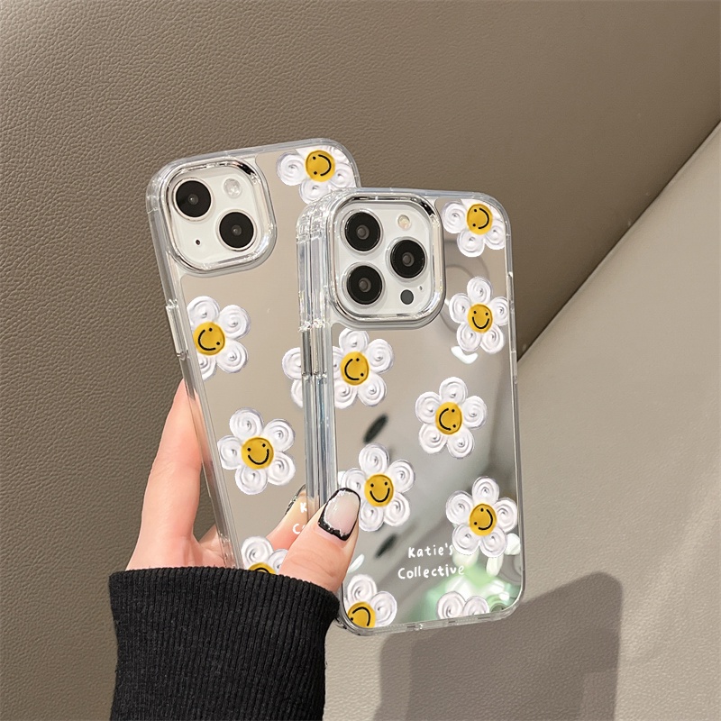 IPHONE Tulis Emoji Flower Mirror Phone Case Kompatibel Untuk Iphone11 12 13 14 12Pro 13Pro 14Pro Pro Max XR X XS Max Electroplating Tombol Perlindungan Mirror Cover