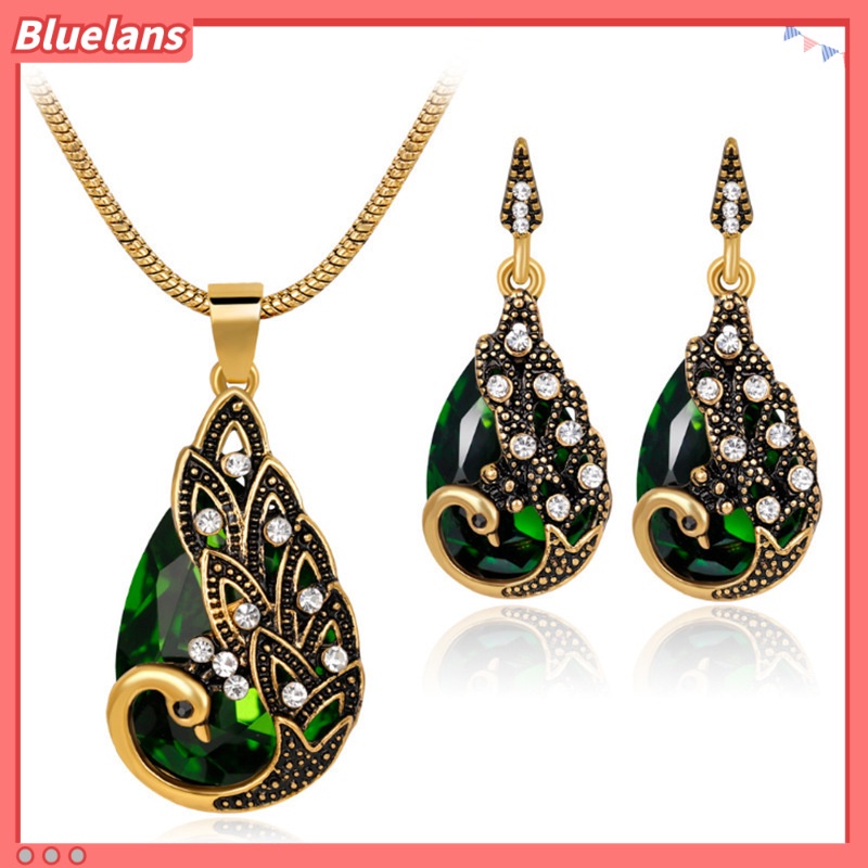 [BLS] Set Kalung Anting Permata Merak Aksesoris Eropa Dan Amerika Perhiasan Fashion Wanita