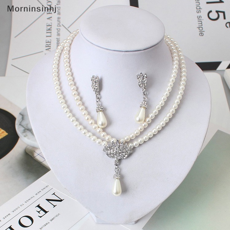 Mornin Elegan Simulasi-Mutiara Set Perhiasan Pengantin Berlian Imitasi Pearl Drop Kalung+Anting Pernikahan Perhiasan Hadiah id