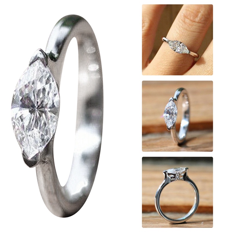 Cincin Jari Wanita Simple Marquise Cubic Zirconia Warna Silver Band Rings Untuk Pesta Pertunangan Pernikahan Perhiasan