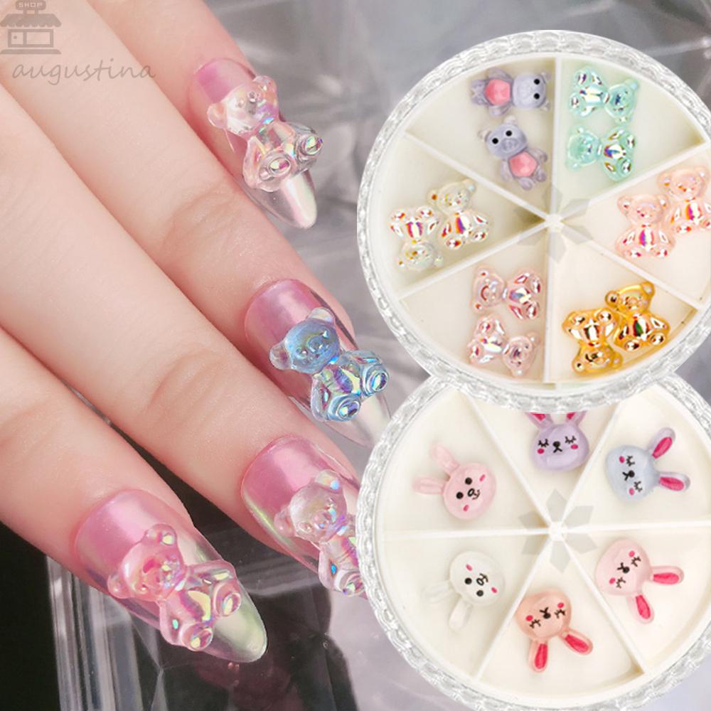 AUGUSTINA Agustina DIY Dekorasi Nail Art Lucu Kartun Jepang Emas Sliver Flat Bottom Resin Beruang Kelinci Bebek Pikachu Logam Kupu-Kupu Bunga Manicure