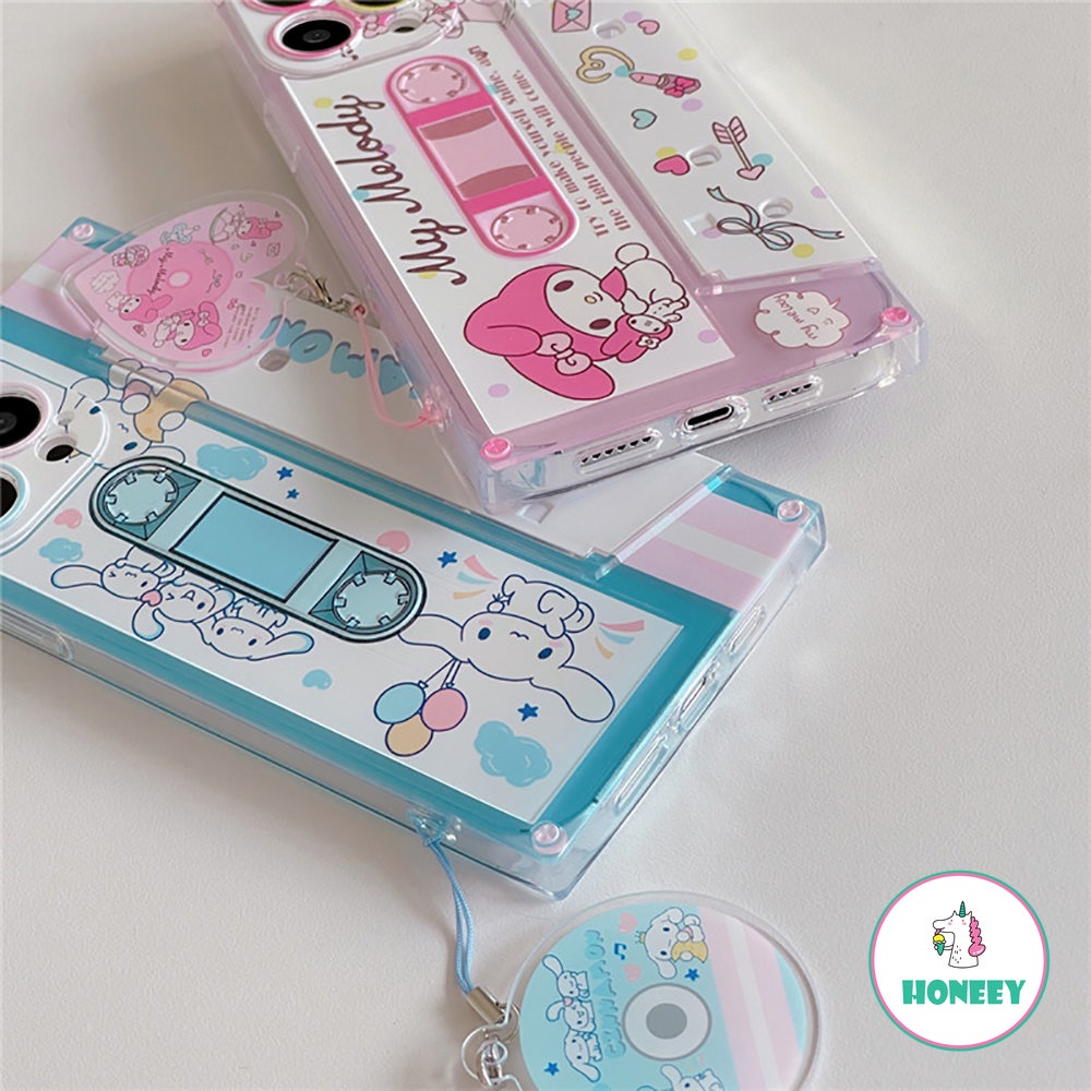 IPHONE Retro Musik Tape Art Kartun Bracket Shell Transparan Casing Ponsel Untuk Iphone14 13 12 Pro Max Case Iphone11Lucu Shockproof Soft Cover