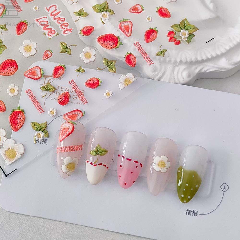 AUGUSTINA Agustina Kartun Stiker Kuku Manis Perekat Diri Strawberry Ikatan Simpul Manikur Aksesoris Bunga Nail Art Dekorasi