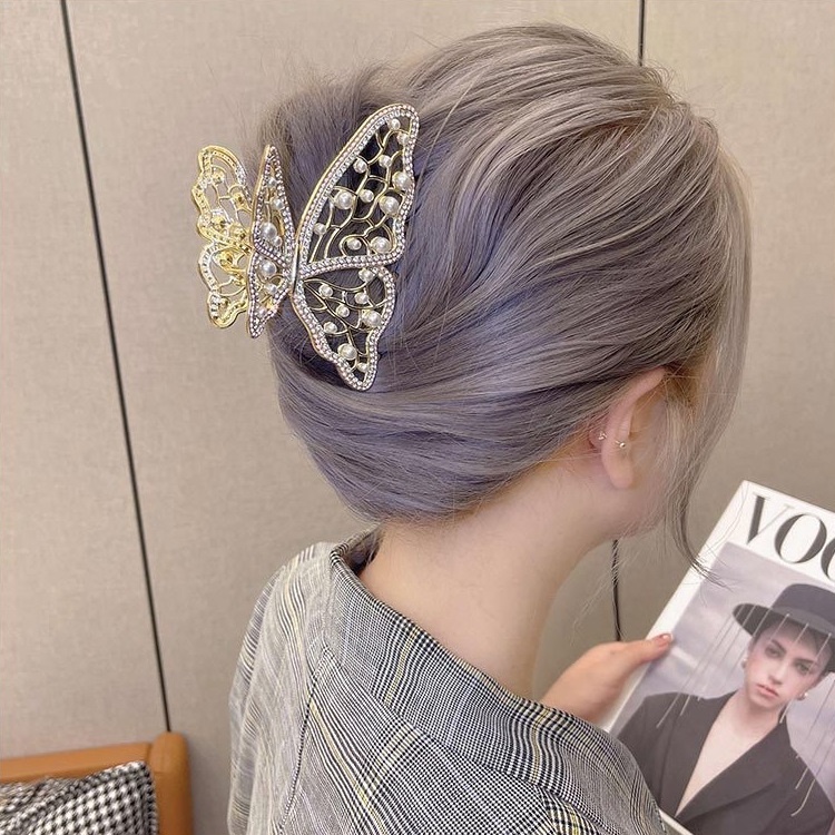 Jedai Logam 9.5cm Kupu Kupu Jepit Rambut Alloy Jumbo dengan Aksen Mutiara Permata Jepit Rambut Salon Diamond Pearl Bahan Besi Metal Motif Butterfly