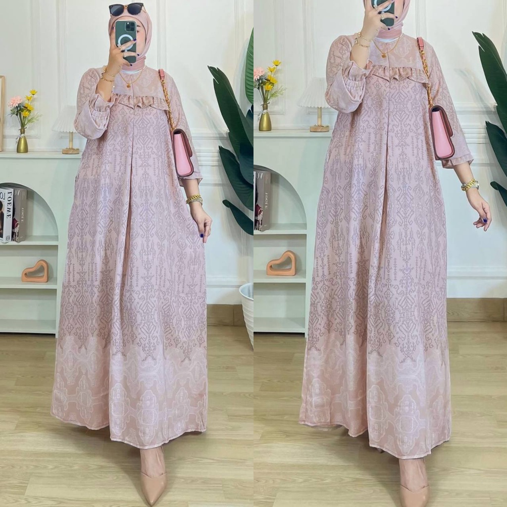 Safa Dress - Dress Wanita Paris Silk Premium Gamis Terbaru Lengan Terompet Baju Muslim Kekinian LD 110 cm