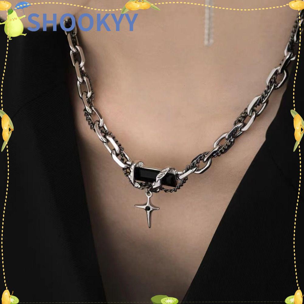 Chookyy Rantai Klavikula Punk, Kalung Liontin Permata Hitam Baja Titanium, Cincin Splicing Alloy Kalung Kristal Untuk Pria