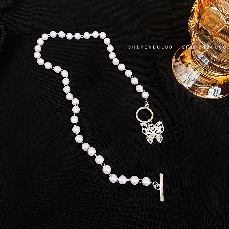 Ins Gaya Influencer Gaya Yang Sama Berlian Imitasi Mutiara Perak Kupu-Kupu choker Retro Baroque Klavikula Rantai Kalung Necklace