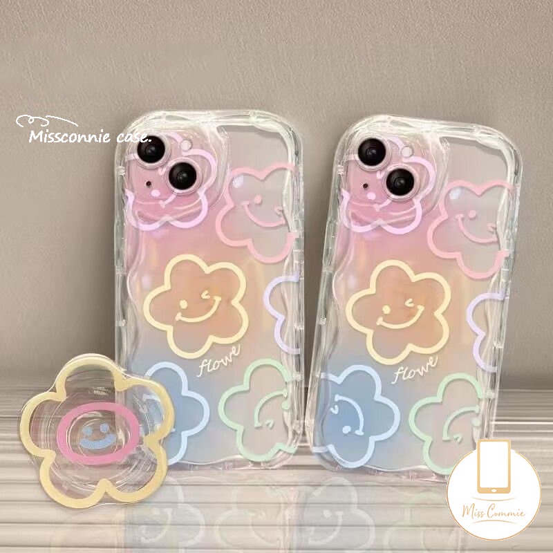 Untuk Redmi A2 10C A1 9 9A 9T 10 10A 9C NFC POCO M3 Redmi Note10 8 9 11 10s 11s 12 10 Pro Max Warna-Warni Graffiti Kartun Smiley Fresh Flowers Holder Bracket 3D Bergelombang Tepi Melengkung Case