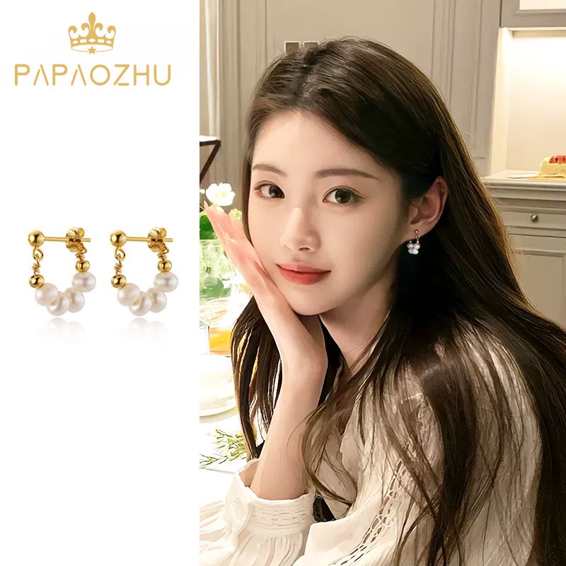 Papaozhu Vintage S925 Perak Mutiara Manik-Manik Stud Anting-Anting Untuk Wanita Perempuan Elegan Berongga Lingkaran Anting-Anting Retro Telinga Hiasan Pacaran Pesta Harian