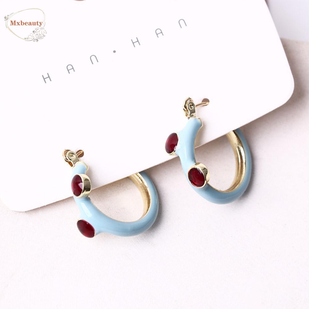 MXBEAUTY Wanita Hoop Earring Hadiah Minoritas Korea Perhiasan Aksesori Bohemia Geometris Berlian Imitasi Lingkaran Biru Telinga Gesper