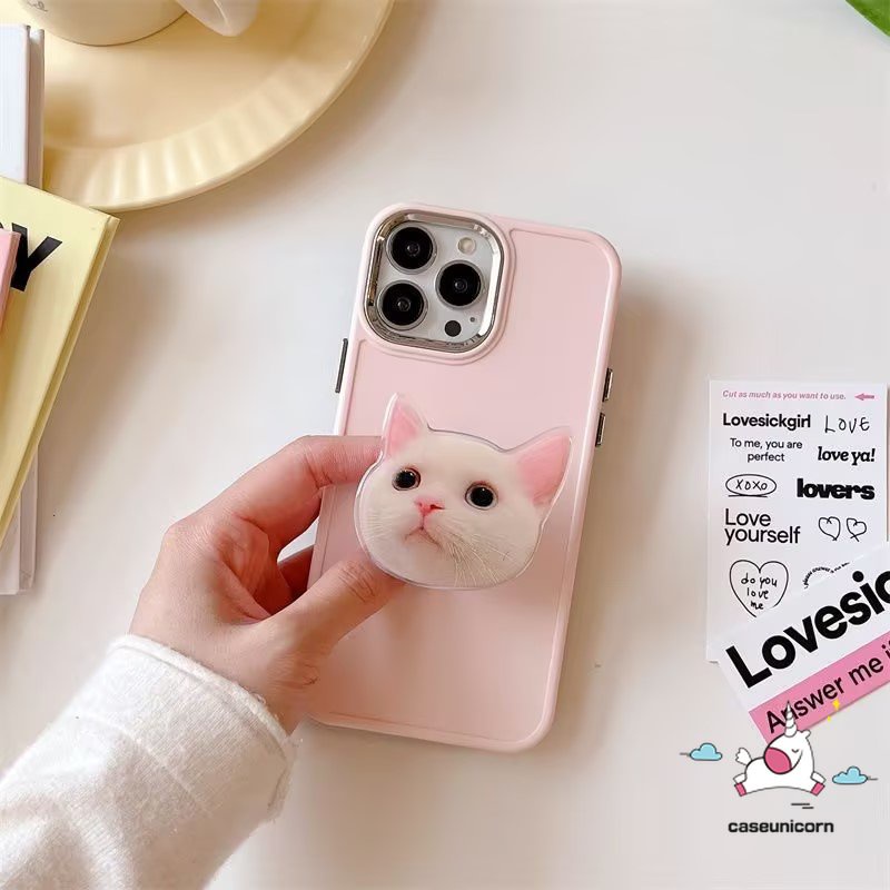 Cute Kitty Cat Bracket Mewah Plating Case Kompatibel Untuk IPhone 7plus 13 11 12 14 Pro MAX X XR 7 8 Plus XS MAX Sederhana Warna Solid Frame Lensa Metal Phone Cover Dengan Holder Bracket