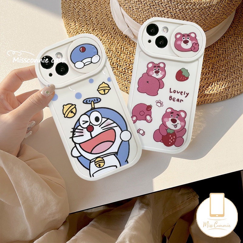Lovely Strawberry Bear Lotso Case Compatible for IPhone 7Plus 11 XR 13 12 11 Pro Max 8Plus X XS Max Cartoon Doraemon Funny Dinosaur Push Pull Window Camera Lens Protector Cover