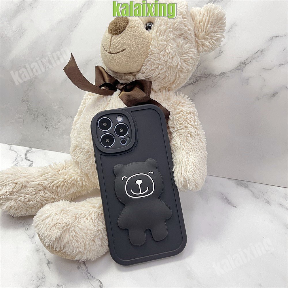 Soft Case Silikon untuk iPhone 11Pro 13 Pro Max 12 11 Pro Max 7/8 X XS Max XR 7Plus 8Plus Casing 3D Bear Back Cover Beludru Di Dalam