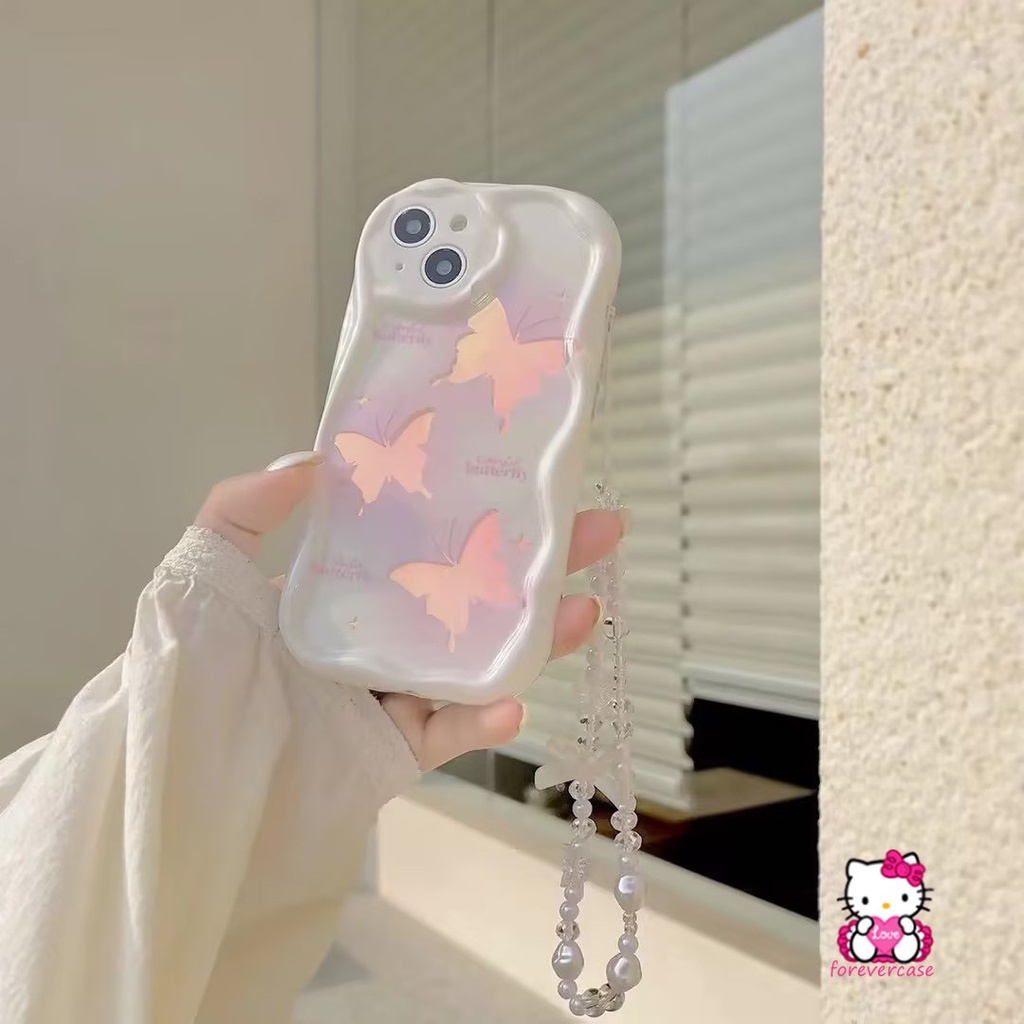 Fantasy Butterfly Glitter Pearl Chain Lanyard Case for Redmi 10C A1 10A 9A 9 9T 10 9C NFC A2 Redmi Note 11 12 10s 11s 10 Pro Max 10 8 9 POCO M3 3D Wavy Curved Edge Cover