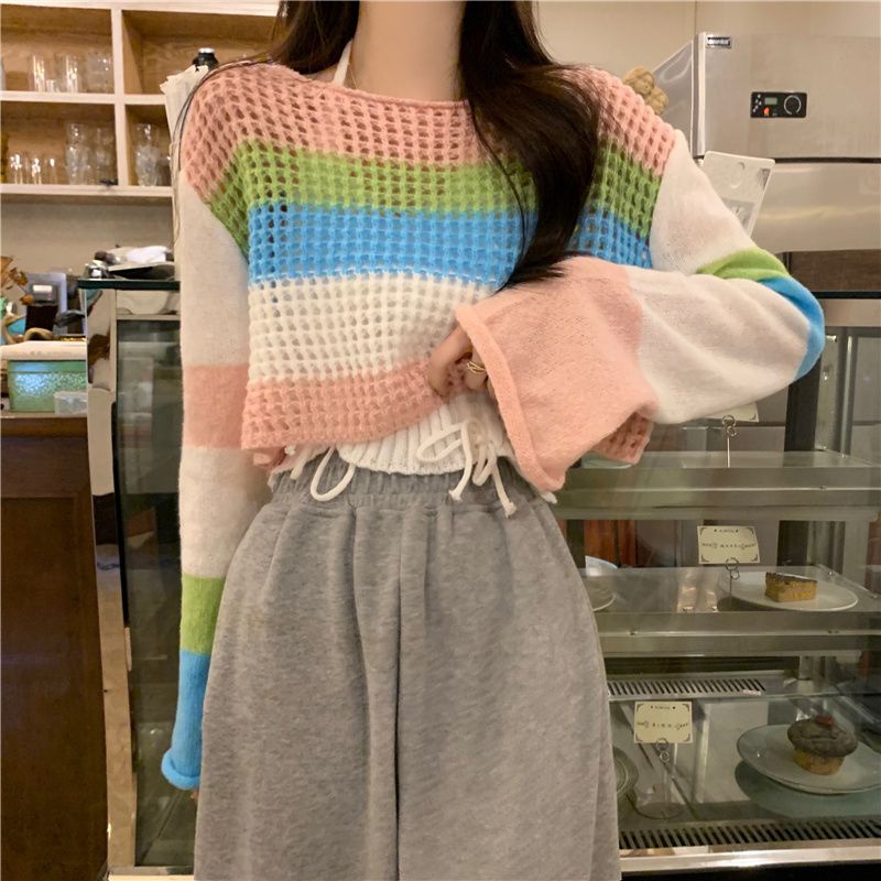 Sweater Wanita Rajut Cutout Lengan Panjang Stripe Outerwear