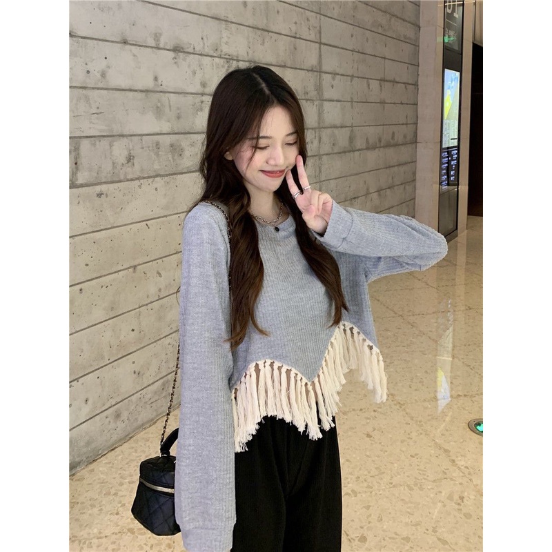 Premium Sweater Wanita Korea V Vintage Lengan Panjang Tassel Atasan