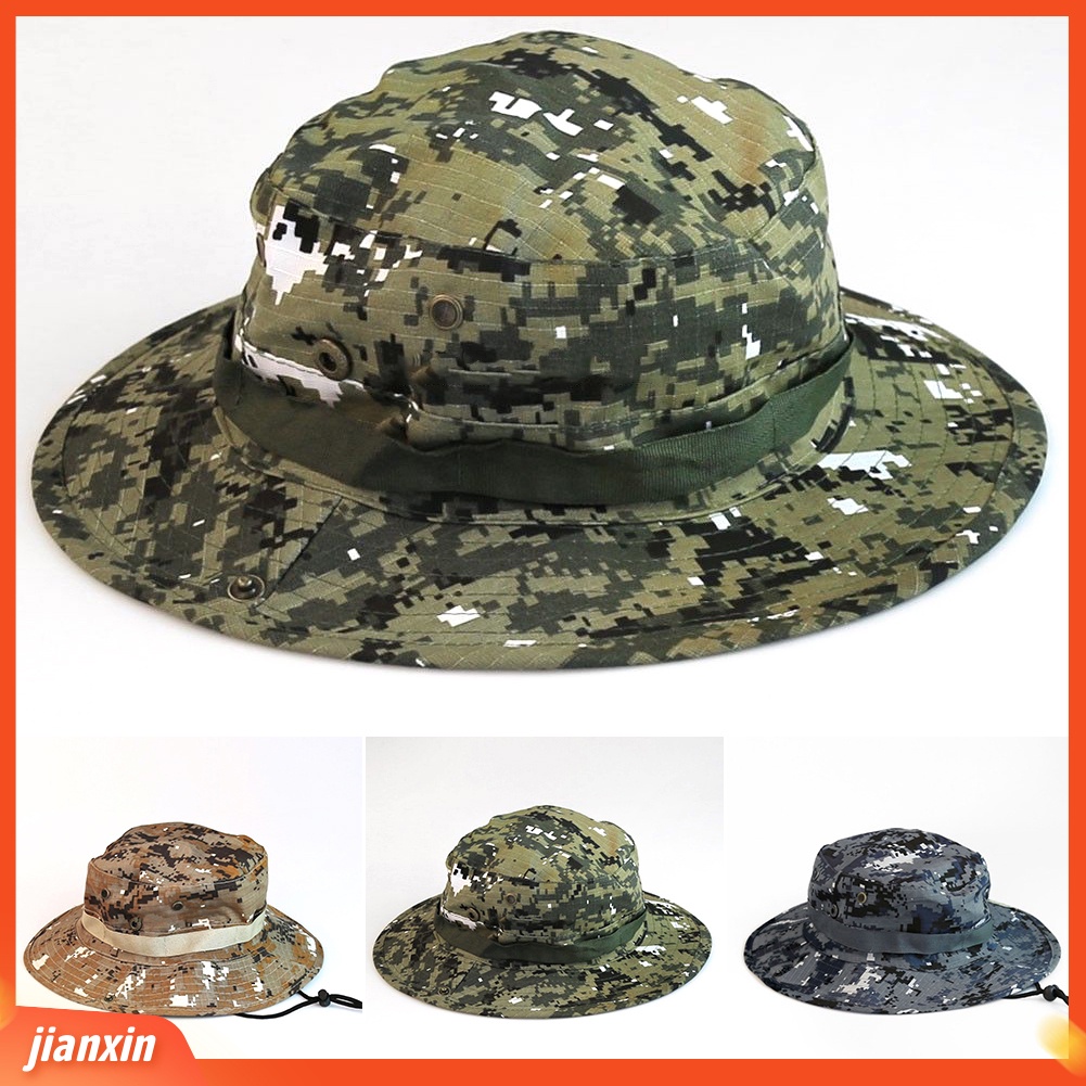 (In Stock) Panas Unisex Pinggiran Lebar Kamuflase Hiking Outdoor Memancing Bucket Boonie Sun Hat