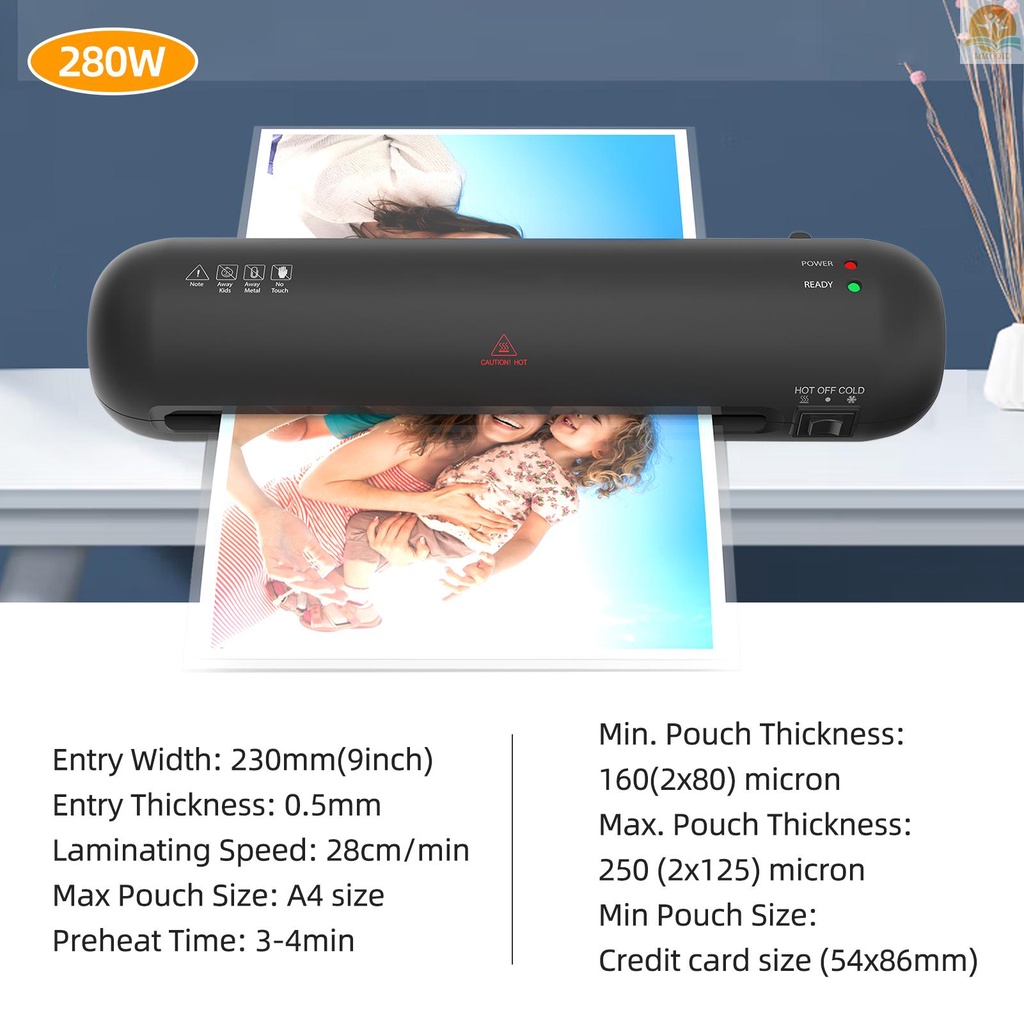 In Stock Set Mesin Laminator Desktop Ukuran A4 Laminasi Panas Dan Dingin 2 Sistem Rol Lebar 9inci Max Dengan Pemotong Kertas Trimmer Rounder Hole Puncher Binding Hoop Cocok Untuk A