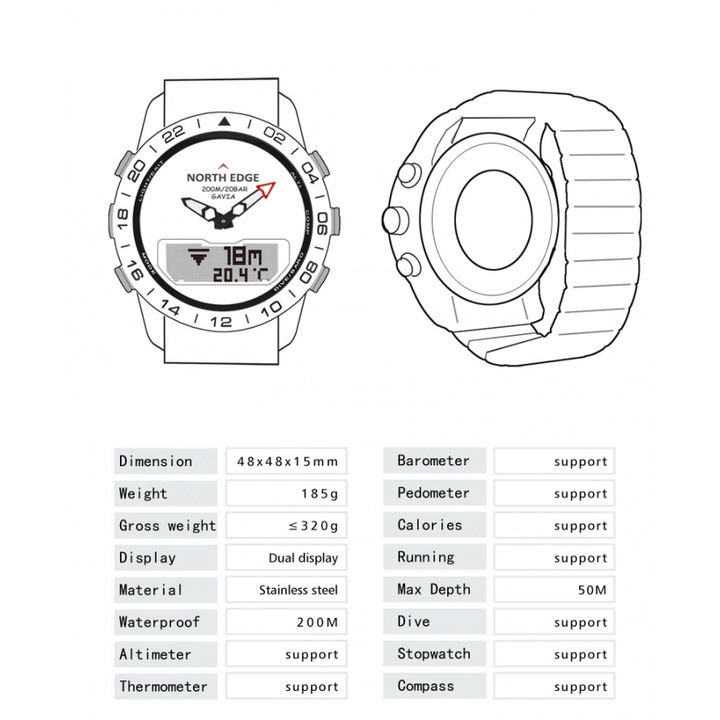 J92 NORTH EDGE GAVIA Men Dive Watch Depth 50M With Altimeter Compass