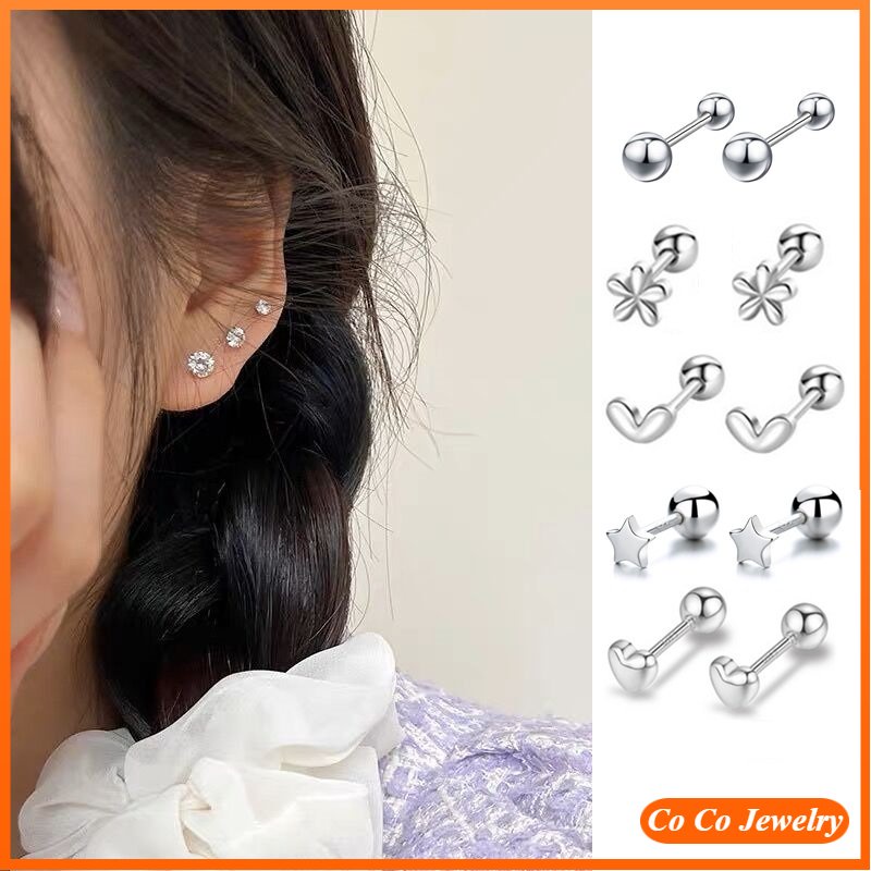 S925 Perak Disepuh Anting-Anting Flash Berlian Zirkon Hati Bintang Stud Earrings