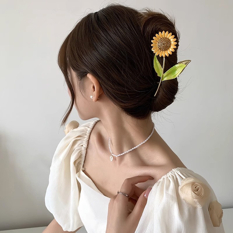 Elegan Besar Fashion Manis Drop Minyak Rambut Cakar Pesta Rambut Korea INS Gaya Populer Berlian Imitasi Mengkilap Bunga Matahari Rambut Klip Halus Ponytail Holder Besar Hiu Klip Hiasan Kepala