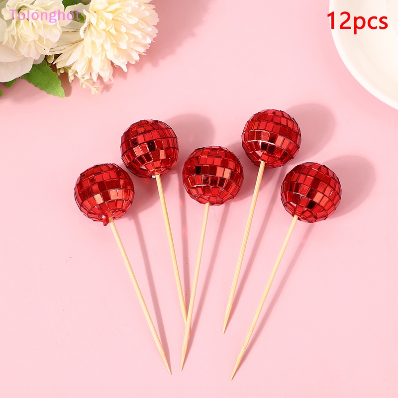 Tolonghot&gt; 12Pcs Mirror Ball Hiasan Kue Pesta Retro Disko Dekorasi Kue Tari Ulang Tahun Pesta Bola Cupcake Toppers Perlengkapan Pesta well