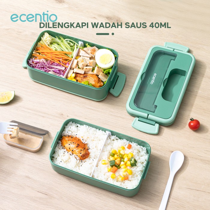 Lunch Box Double Layer Plastic 1600ml ecentio with Sauce Box 40ml