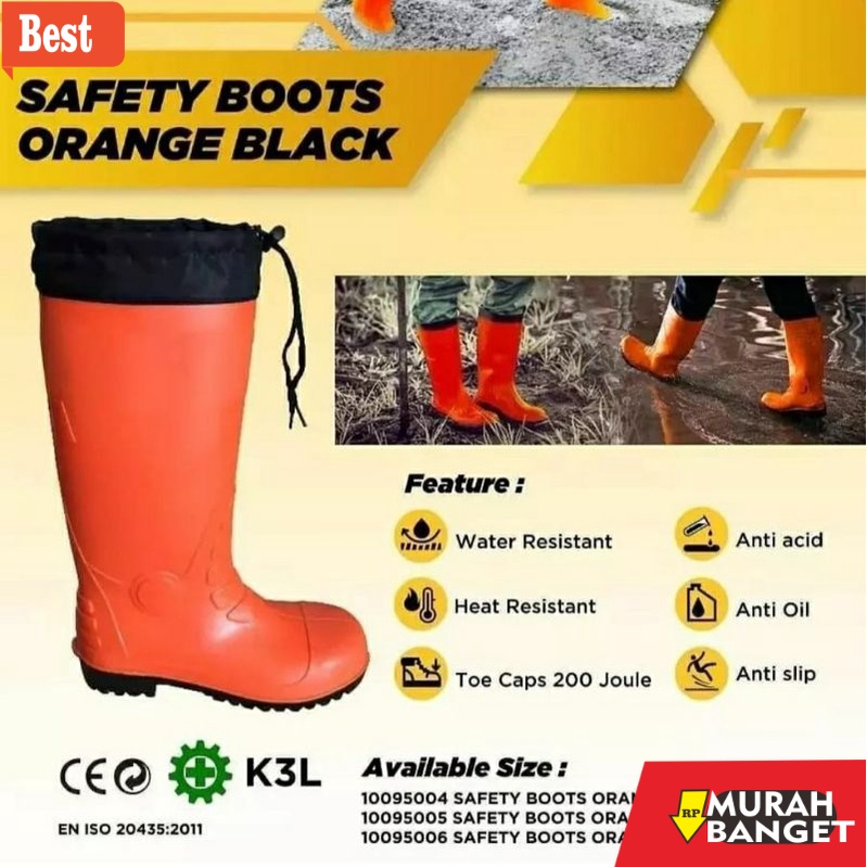 Boot pria terbaru- Sepatu boot ujung Besi krisbow / SAFETY BOOTS ORANGE W/BEAM PORT