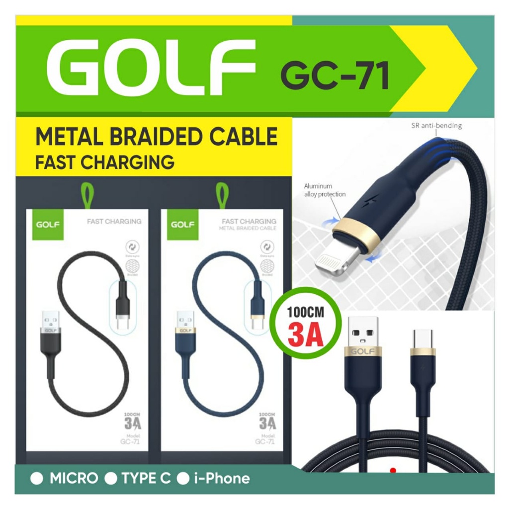 SALE CUCI GUDANG CABLE DATA GOLF GC-71 3A 100cm Metal Braided Cable Fast Charging Kabel Data GC721 U