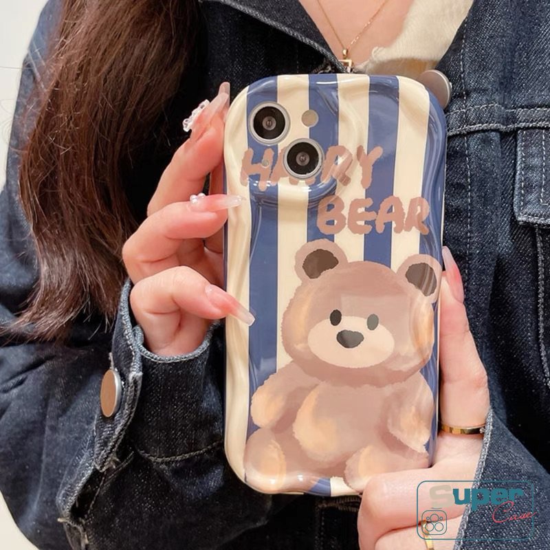 Case Glossy Garis Beruang Kartun Lucu Kompatibel Untuk iPhone 7Plus 11 Pro Max XR X 6s 7 6 8 Plus 13 14 12 Pro Max XS Max SE 2020 3D Wavy Curved Edge Soft Tpu Shockproof Cover