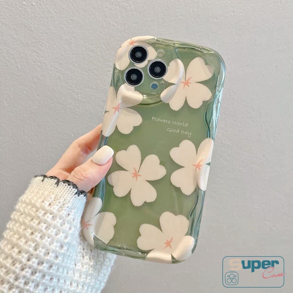Floral 3D Wavy Curved Edge Fresh Case Kompatibel Untuk iPhone 7Plus 8Plus 11 14 12 13 Pro Max XR X 6s 6 7 8 Plus XS Max SE 2020bunga Musim Panas Lembut Tpu Shockproof Glossy Back Cover