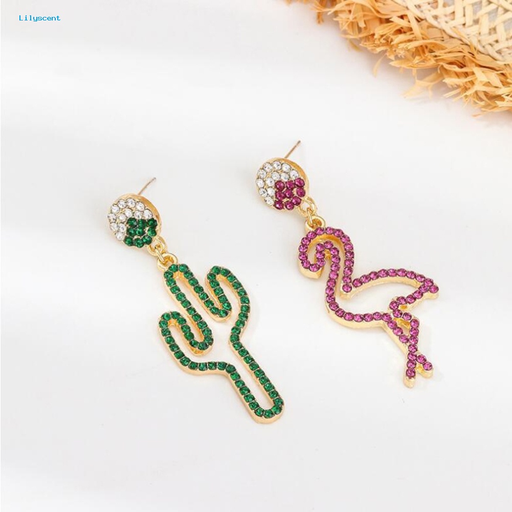 Lilyscent Wanita Berongga Berlian Imitasi Kaktus Flamingo Menjuntai Asimetris Stud Earrings Perhiasan