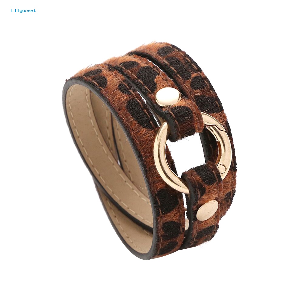 Lilyscent Wanita Multi-layer Berliku Leopard Cincin Panjang Kulit Imitasi Gelang Bangle Perhiasan