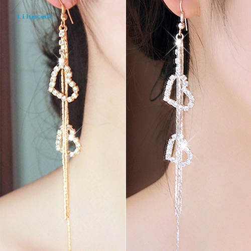 Lilyscent Lady Berlian Imitasi Cinta Ganda Jantung Drop Panjang Jumbai Rantai Menjuntai Linear Earrings