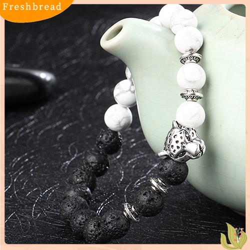 &lt; Freshbread &gt; Wanita Pria Batu Alam Perak Berlapis Leopard Kepala Handmade Beads Bracelet