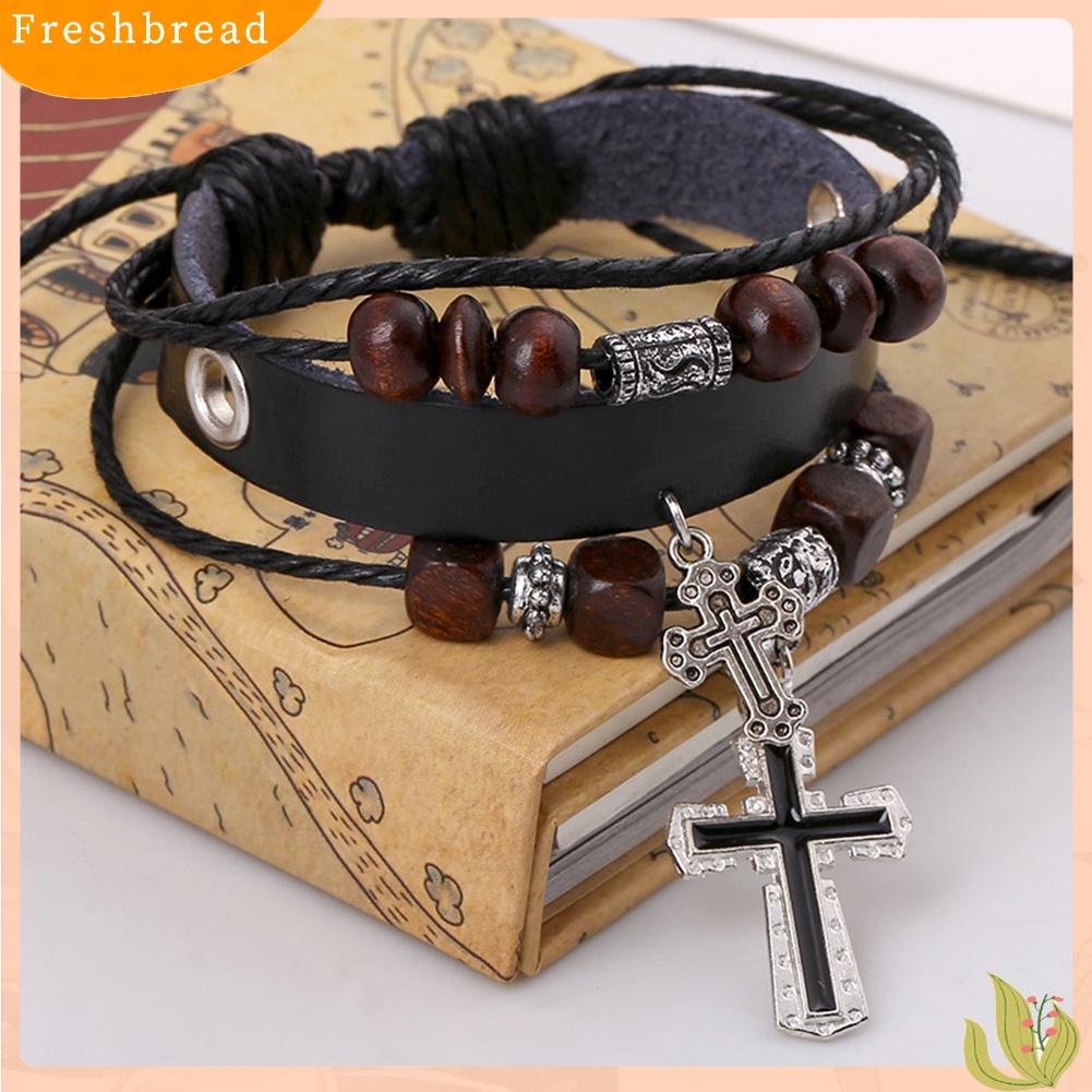 &lt; Freshbread &gt; Vintage The Cross Pendant Multilayer Beads Kulit Imitasi Kepang Gelang Bangle