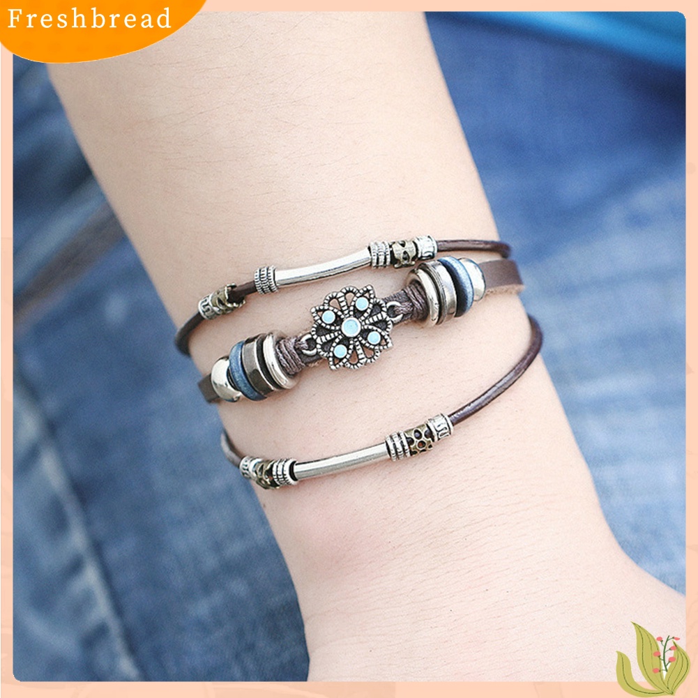 &lt; Freshbread &gt; Bohemian Wanita Multi-layer Bunga Gelang Manik-Manik Kulit Imitasi Bungkus Bangle Hadiah