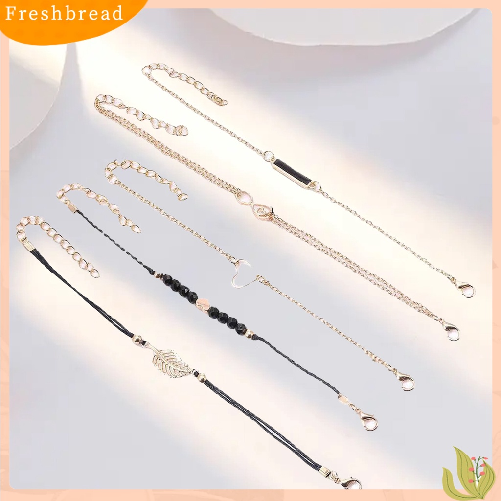 &lt; Freshbread &gt; 5Pcs/Set Gelang Rantai Beberapa Lapisan Handmade Tali Kombinasi Fashion Boho Geometris Daun Manik-Manik Berlapis Tangan Rantai Perhiasan Aksesori