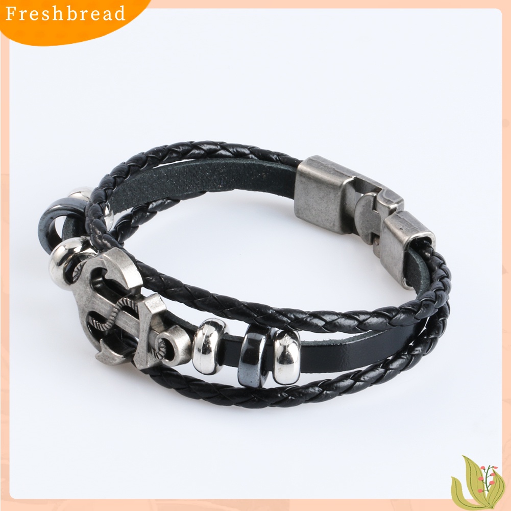 &lt; Freshbread &gt; Pria Vintage Logam Jangkar Baja Bertabur Surfer Kulit Imitasi Bangle Cuff Gelang