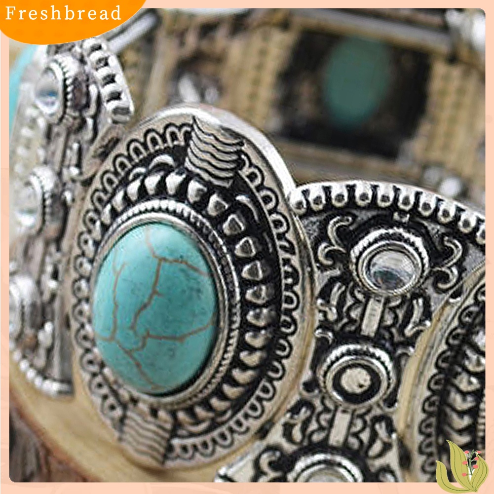 &lt; Freshbread &gt; Retro Hadiah Wanita Oval Pirus Ukir Tibet Bangle Gelang Boho Perhiasan