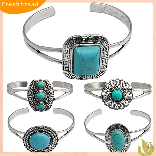 &lt; Freshbread &gt; Perhiasan Wanita Gaya Retro Geometris Turquoise Pembukaan Manset Bangle Gelang