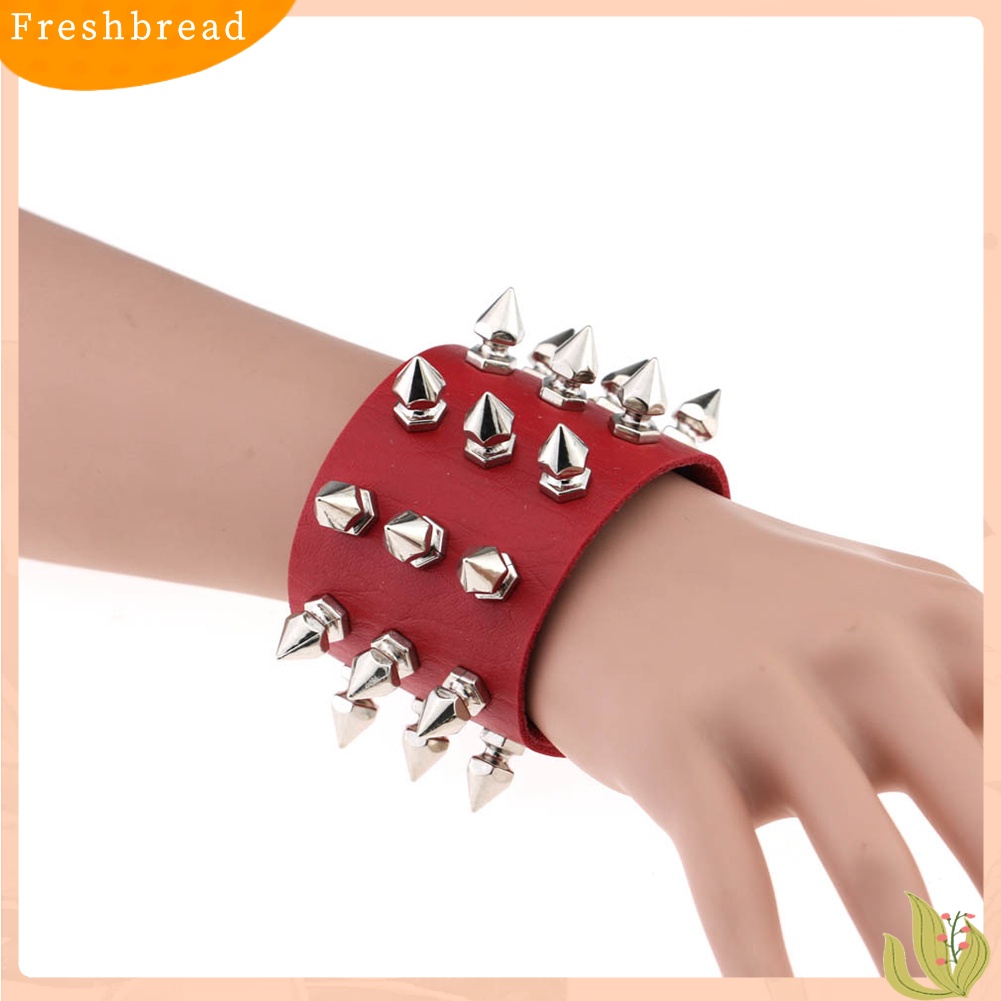 &lt; Freshbread &gt; Punk Triple Lines Stainless Steel Pointed Cone Rivet Gelang Bangle Kulit Imitasi