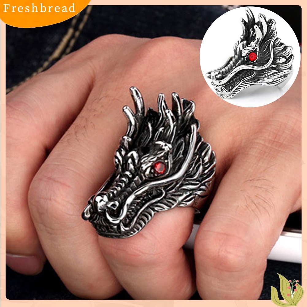 &lt; Freshbread &gt; Punk Pria Cubic Zirconia Hias Ukir Naga Kepala Jari Cincin Pesta Perhiasan Hadiah