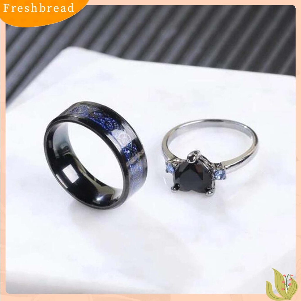 &lt; Freshbread &gt; 2Pcs/Set Cincin Pasangan Permukaan Halus Lebar Paduan Hati Permata Imitasi Garis Biru Jari Rings Pesona Perhiasan