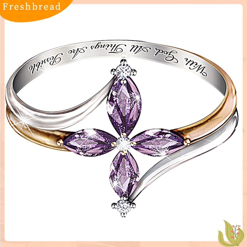 &lt; Freshbread &gt; Cincin Wanita Dual Color Hadiah Valentine Tembaga Faux Amethyst Cross Floral Ring Untuk Pesta