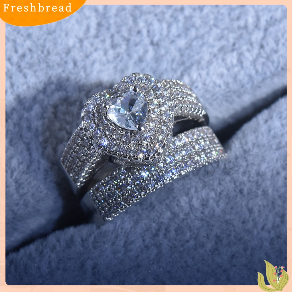 &lt; Freshbread &gt; 2Pcs/Set Cincin Pengantin Berlian Imitasi Mengkilap Mewah Geometris Indah Perhiasan Hadiah Menawan Kekasih Bentuk Hati Janji Cincin Perhiasan Aksesori